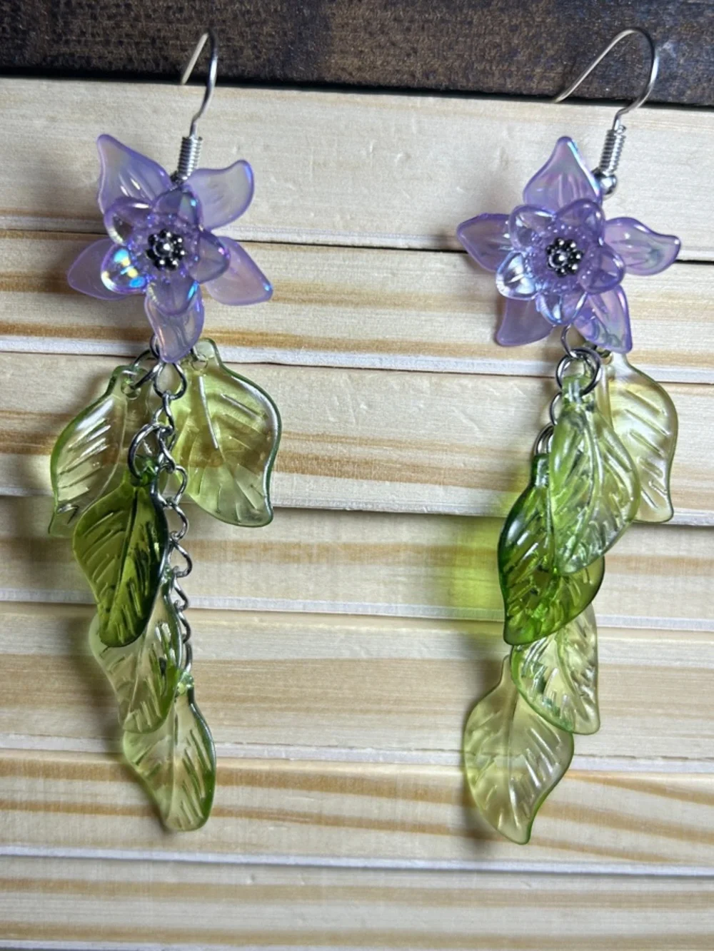 Purple Flower and Green Leaf Dangle Earrings - Women's Jewelry